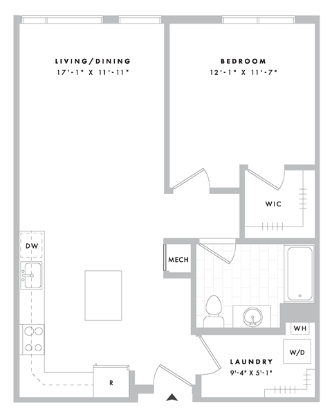 Floor plan for 1 bed, 1 bath, 801 sqft